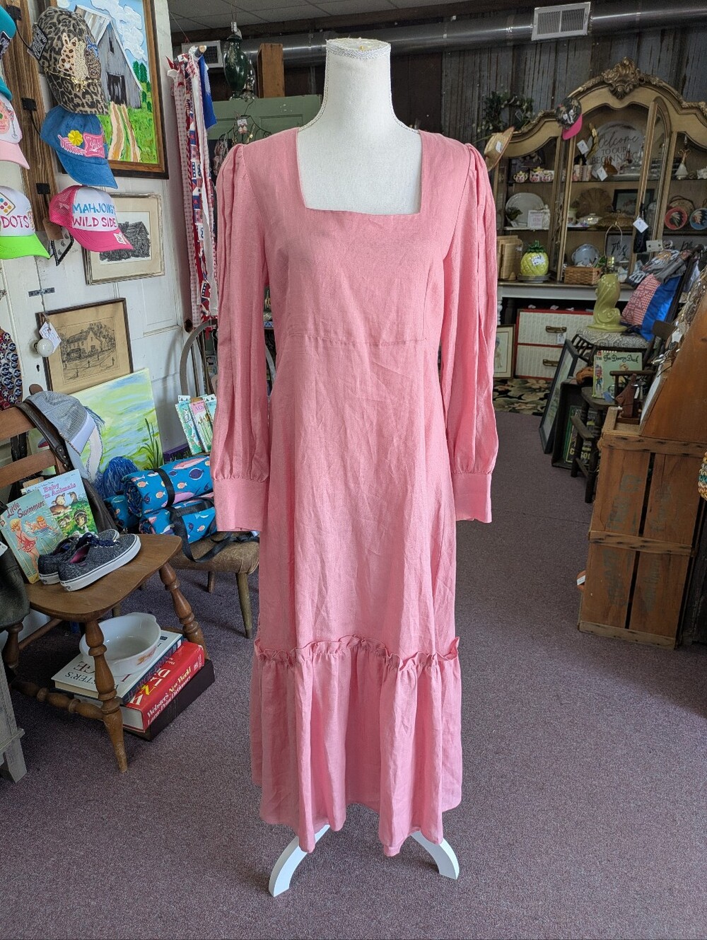 NWT Cottagecore harshman 100% Linen Square-Neck Long Sleeve Dress in Dusty Pink